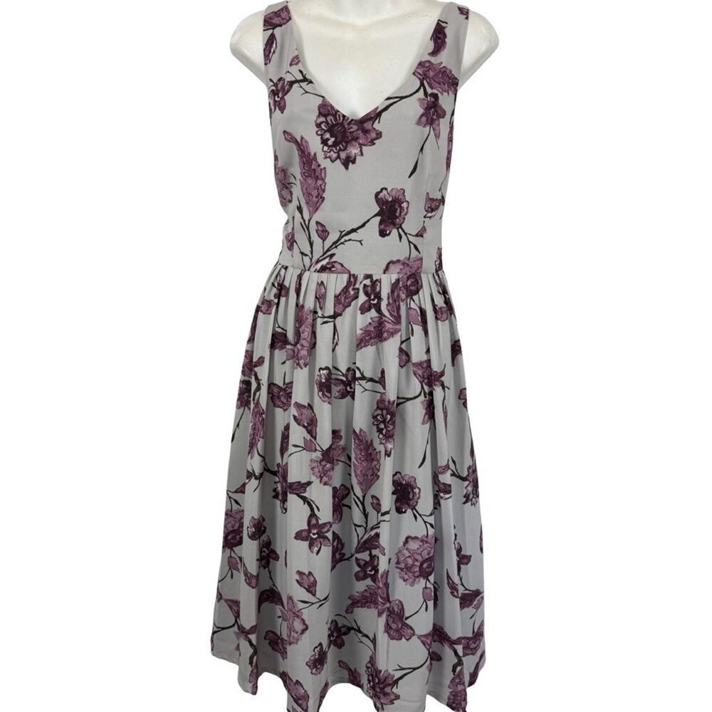 BB Dakota Womens Gray Purple Floral Sleeveless V-Neck Midi Fit & Flare Dress 10